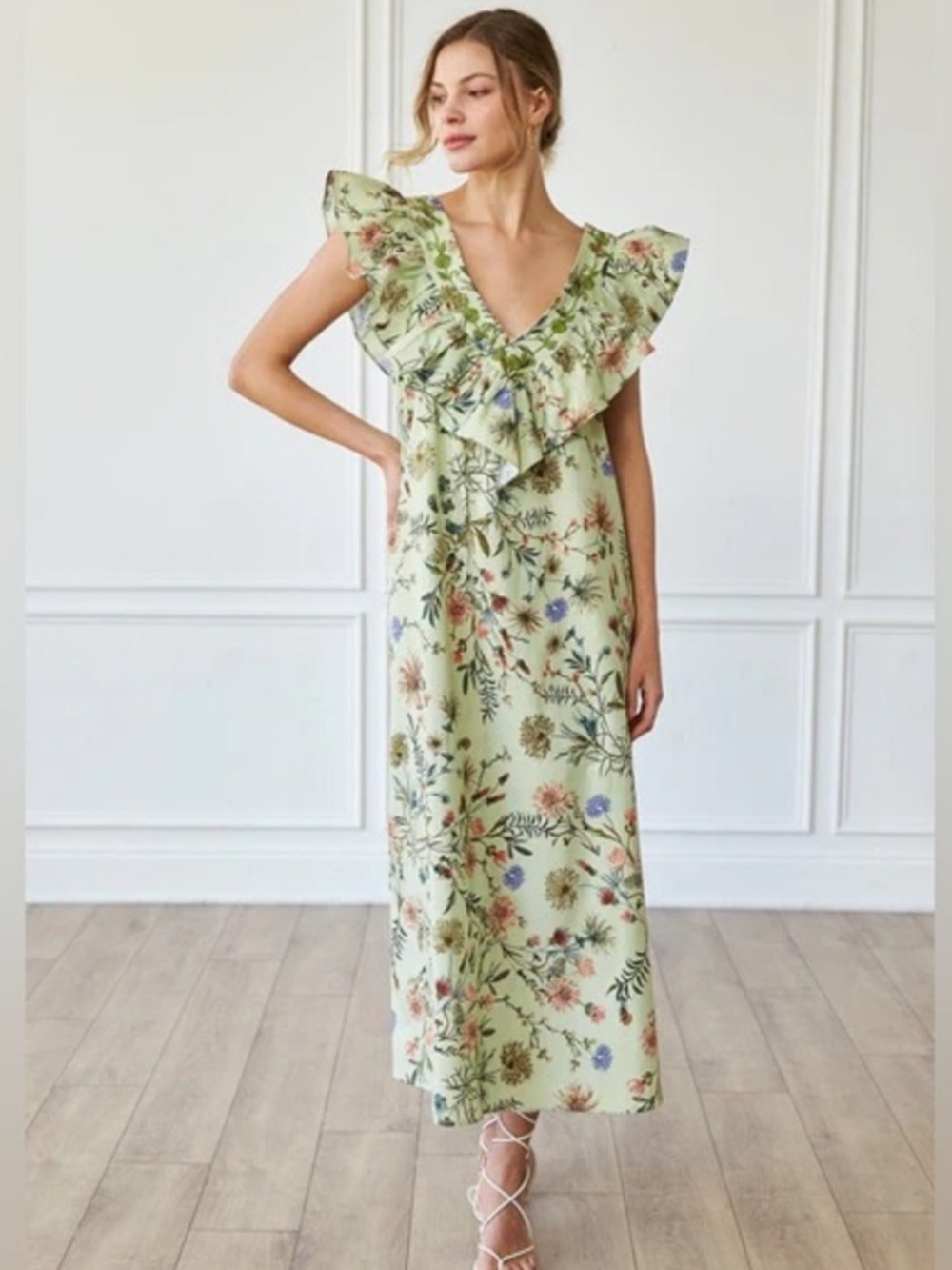 Mi Golondrina Andrea Long Dress in Florecer Verde Green Floral Print SZ L NWT
